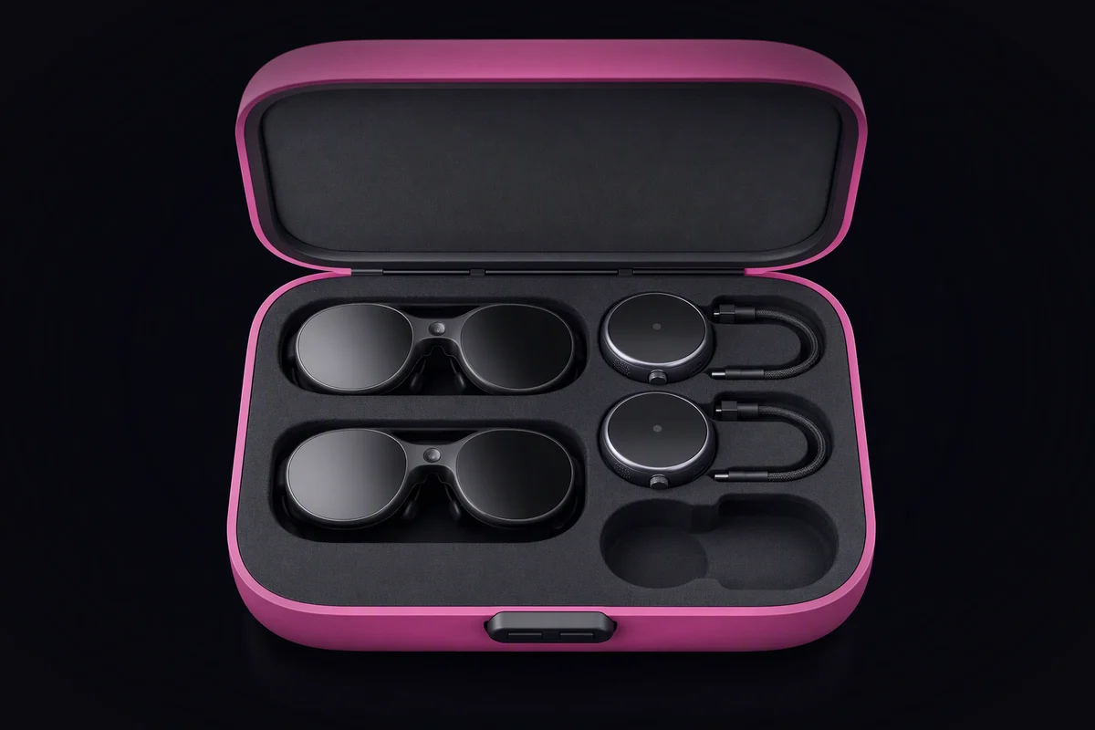 An open hard-shell service case with foam cut-outs holding two pairs of plain display glasses, their pocket compute pucks and an empty slot for a spare