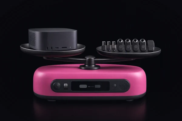 A rounded balance scale with a small office server on one pan and a row of connector plugs, key fobs and a ruleset cartridge on the other