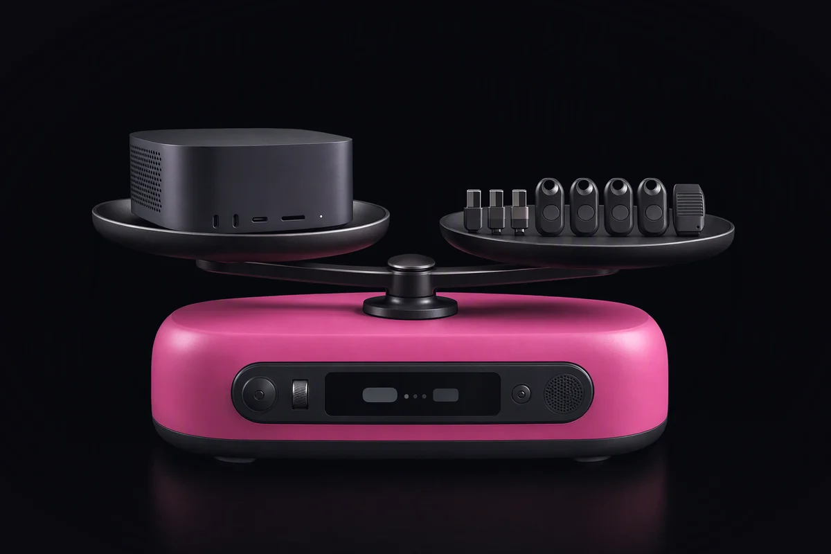 A rounded balance scale with a small office server on one pan and a row of connector plugs, key fobs and a ruleset cartridge on the other